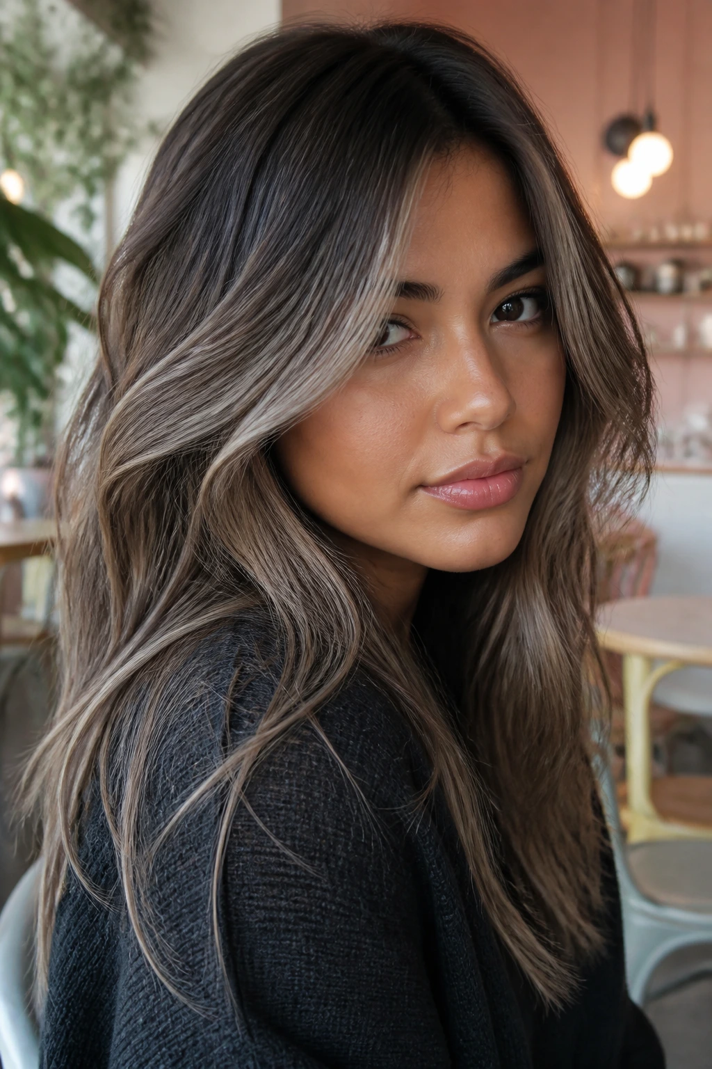 Close-up of real woman's mushroom brown cool framing hair