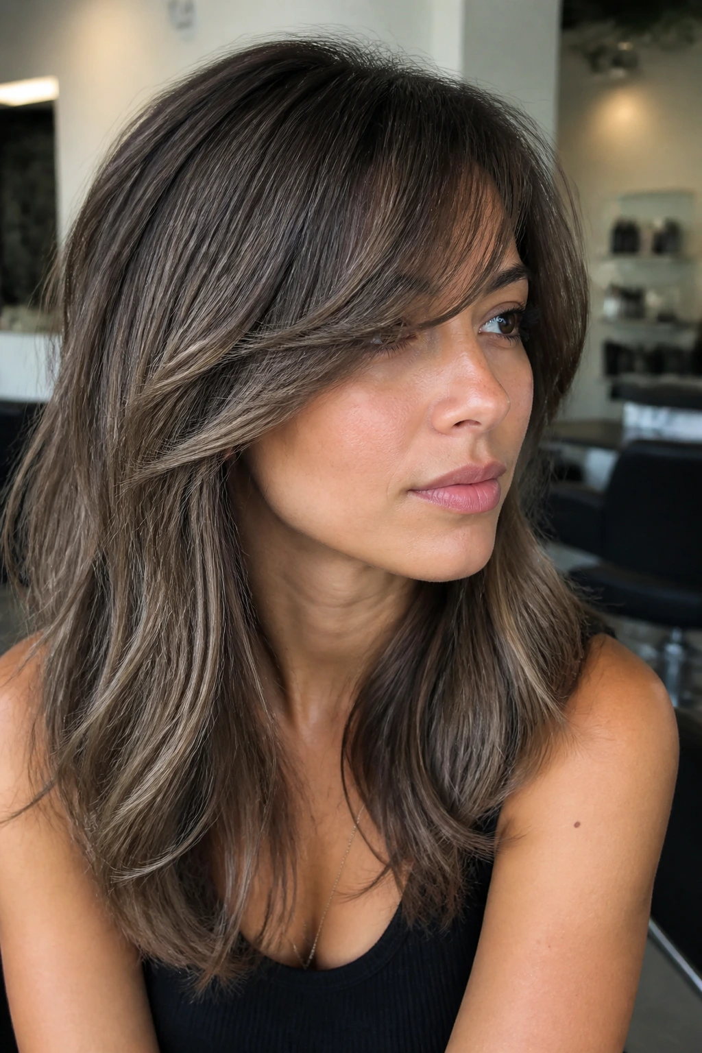 Close-up of a real woman with mushroom brown hair and side-swept bangs in a cool low-contrast brunette.