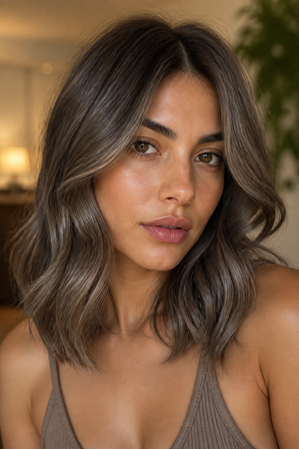 Close-up portrait with mushroom brown hair on olive skin