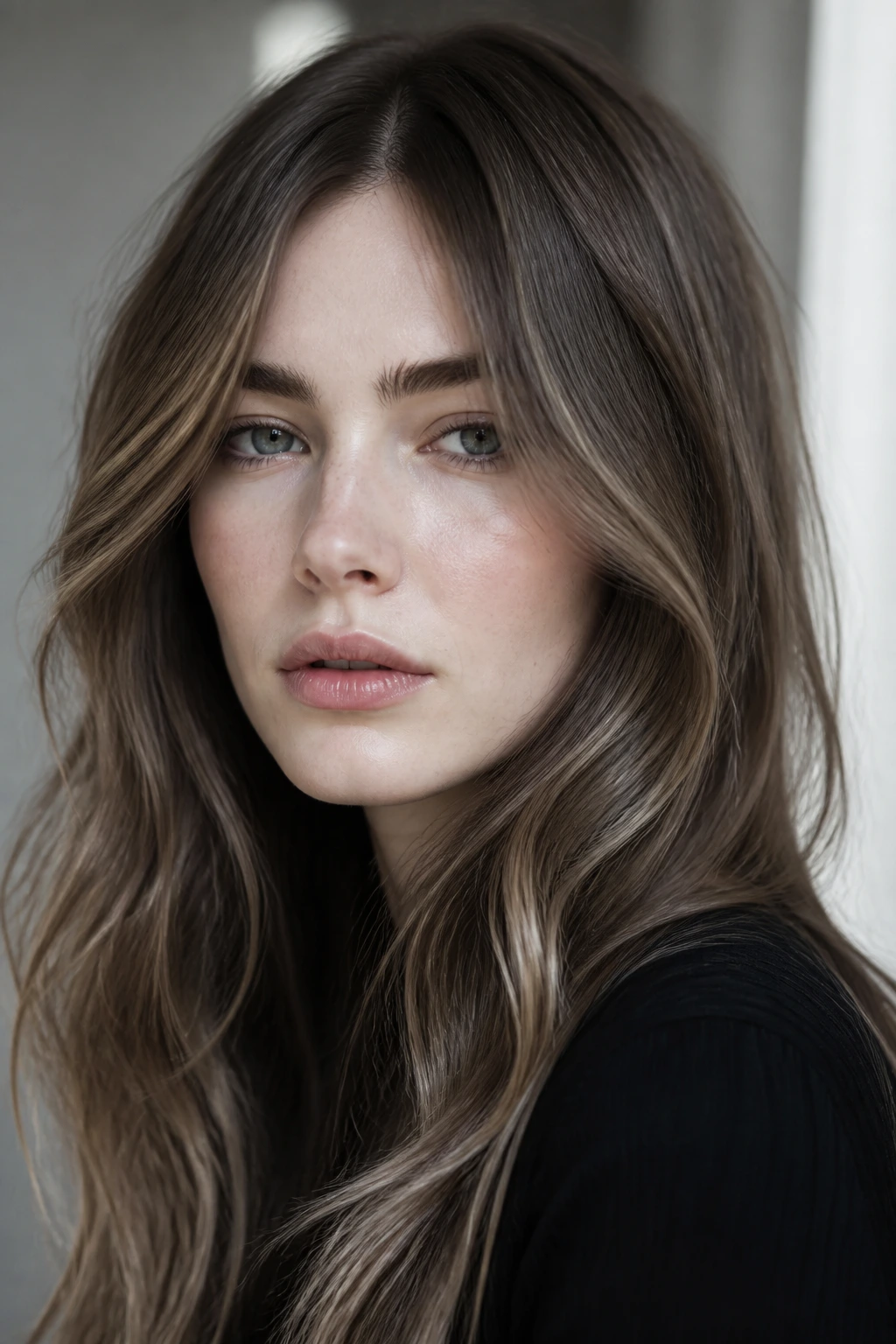 Portrait showing mushroom brown hair framing the face