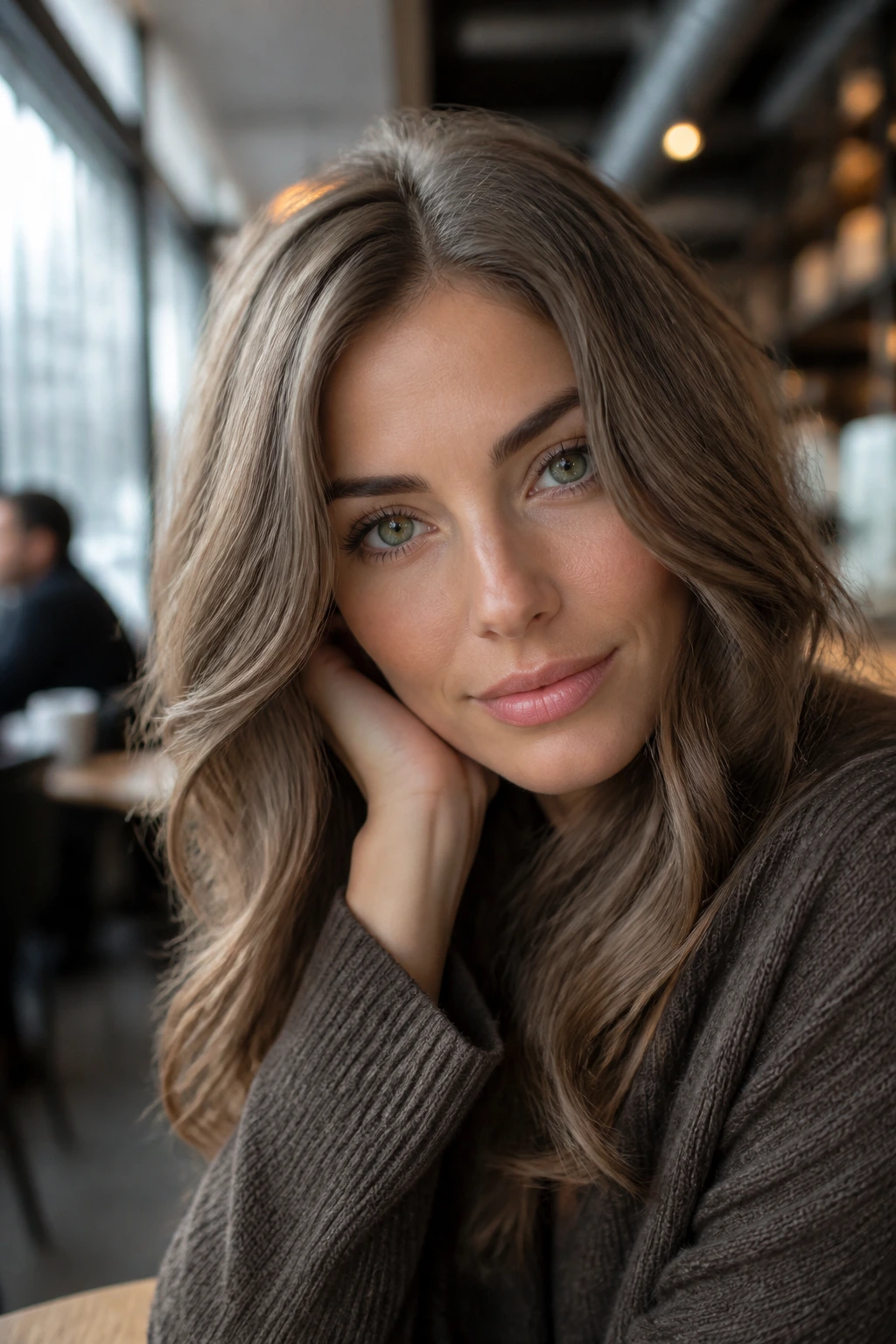 Close-up portrait with mushroom brown hair in soft daylight