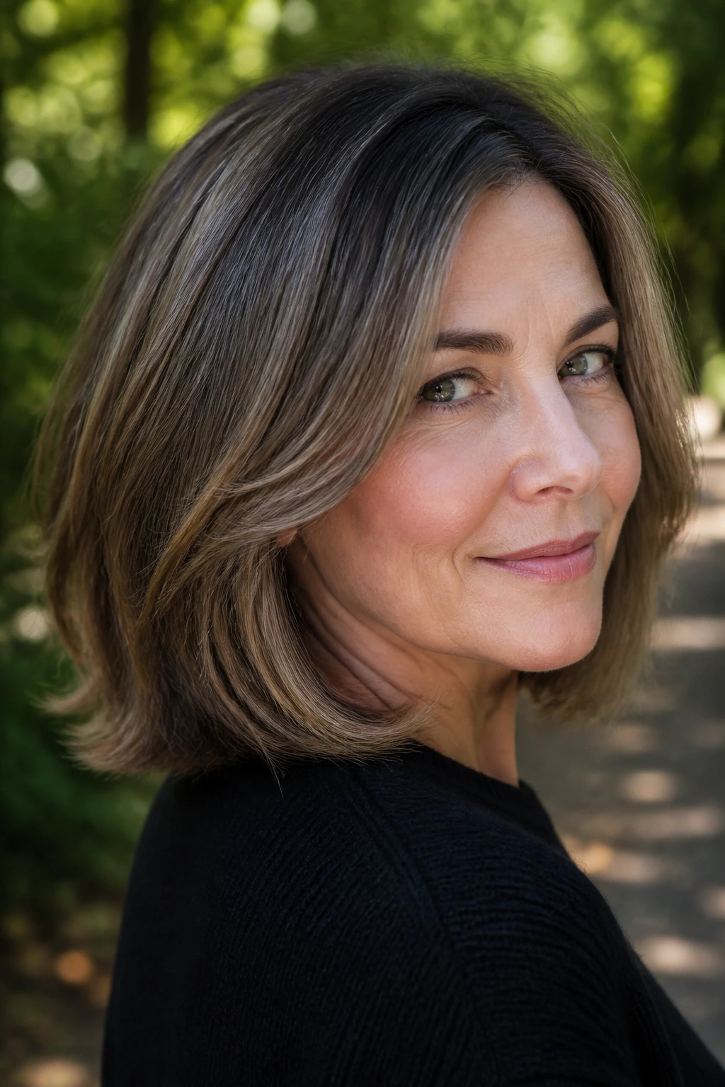 Portrait of a person with mushroom brown mid-length hair and root shadow.