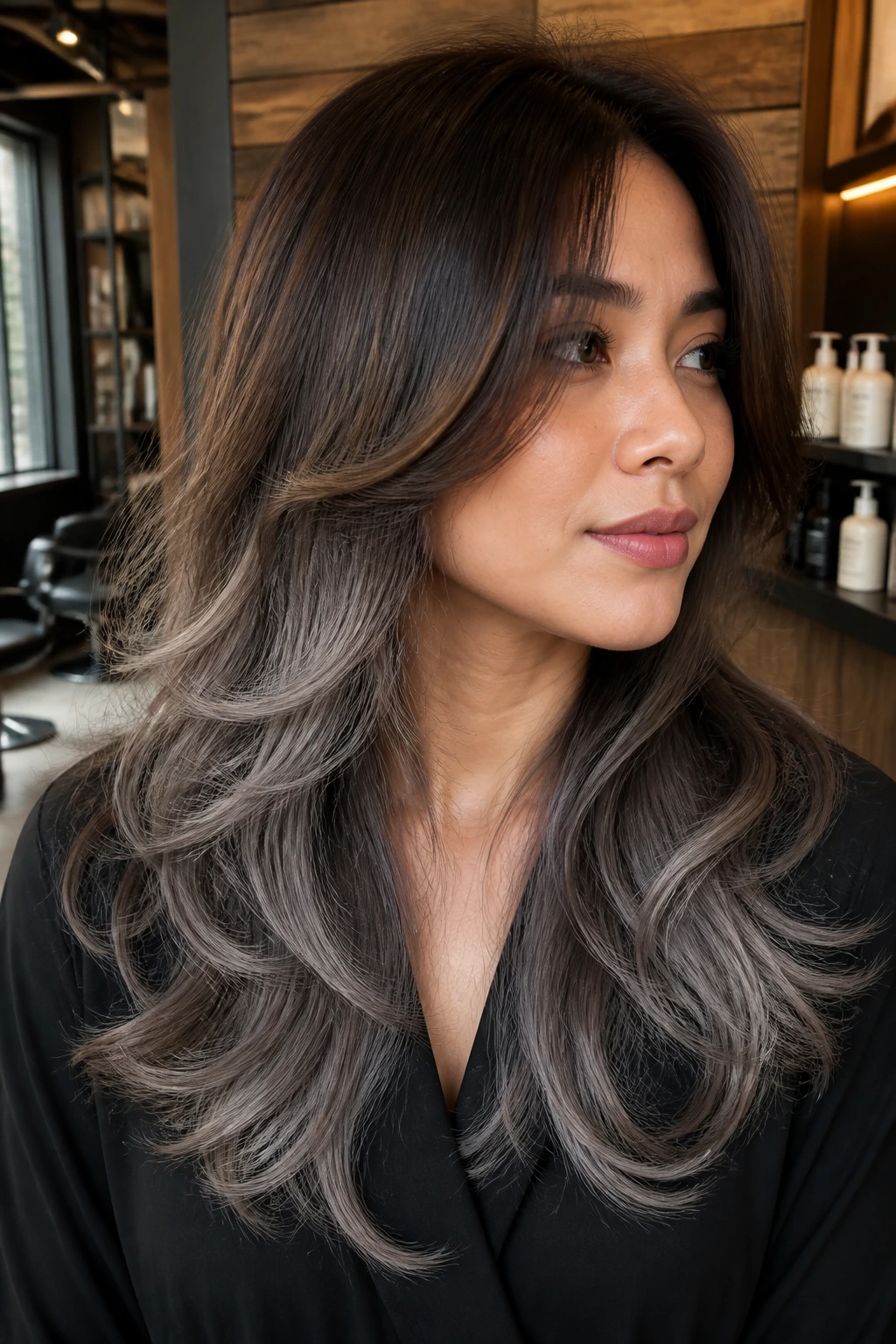 Close-up of a real person with mushroom brown hair, layered cut, and steel grey fade at the ends
