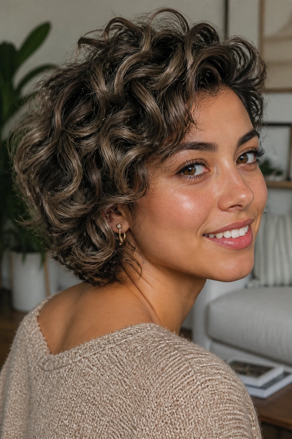 Portrait of a brunette with mushroom brown ribbons in short curls