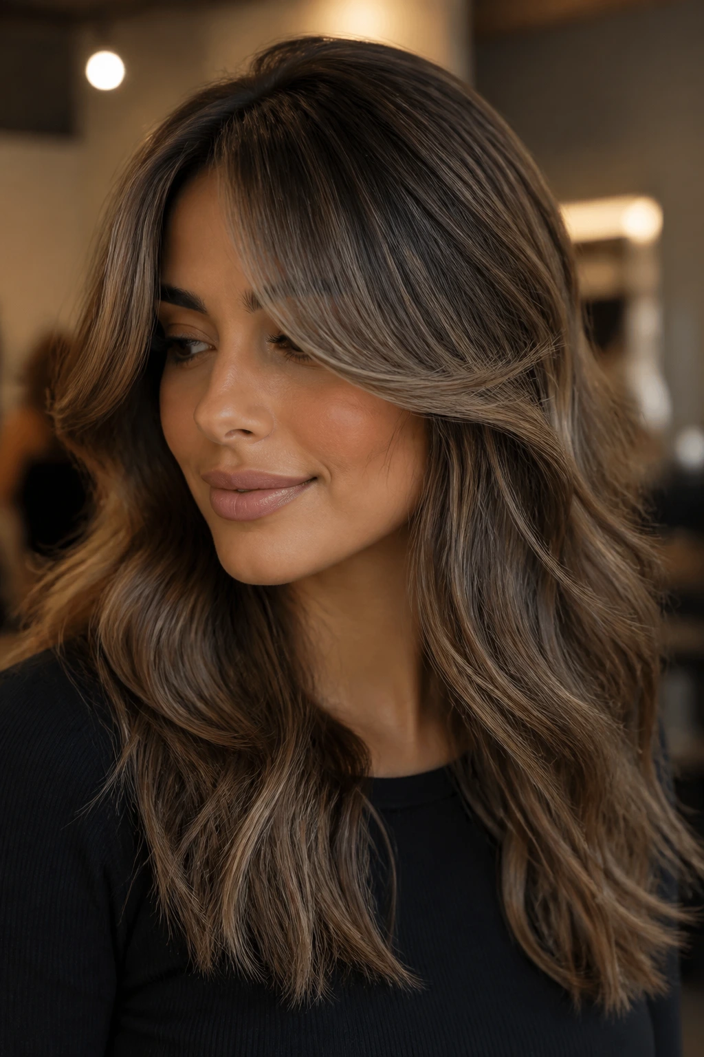 Portrait of a real woman with mushroom brown hair and honey glow at the bangs.