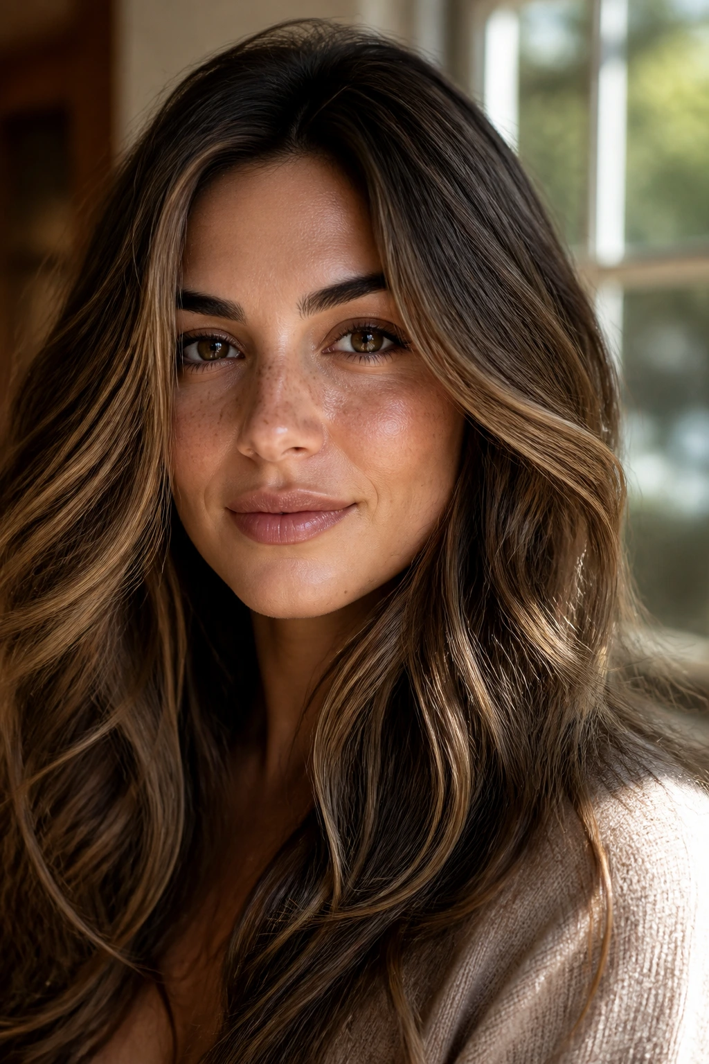 Portrait of woman with mushroom brown hair and warm honey veil, olive skin with soft lighting.
