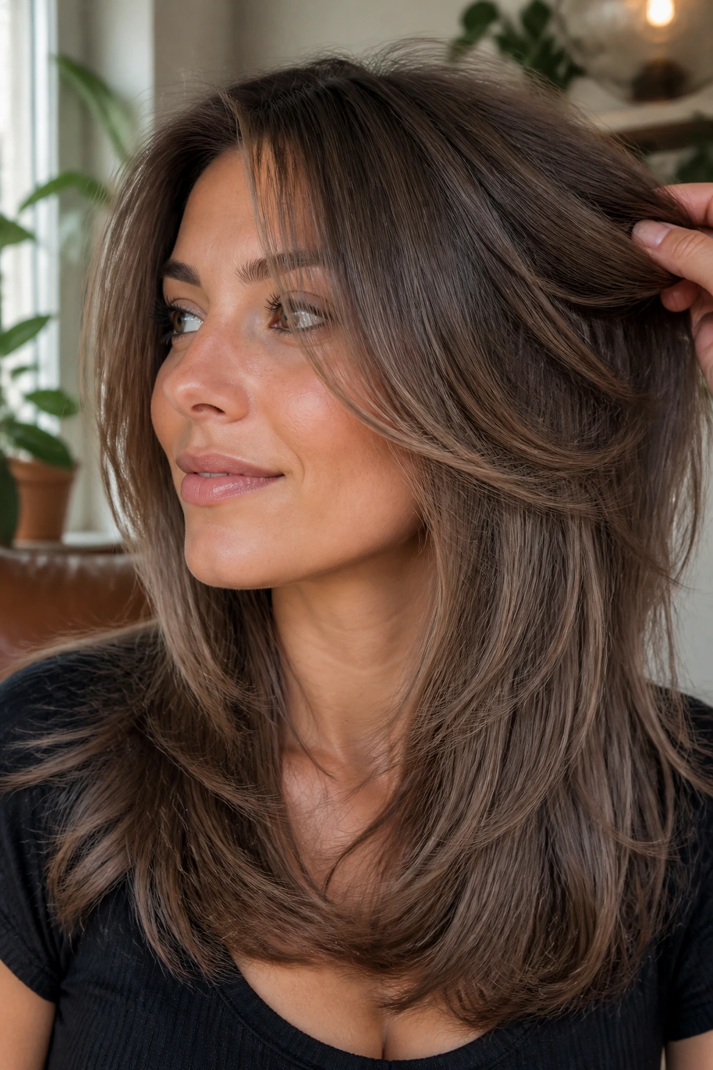 Close-up portrait of a woman with mushroom brown invisible layers.