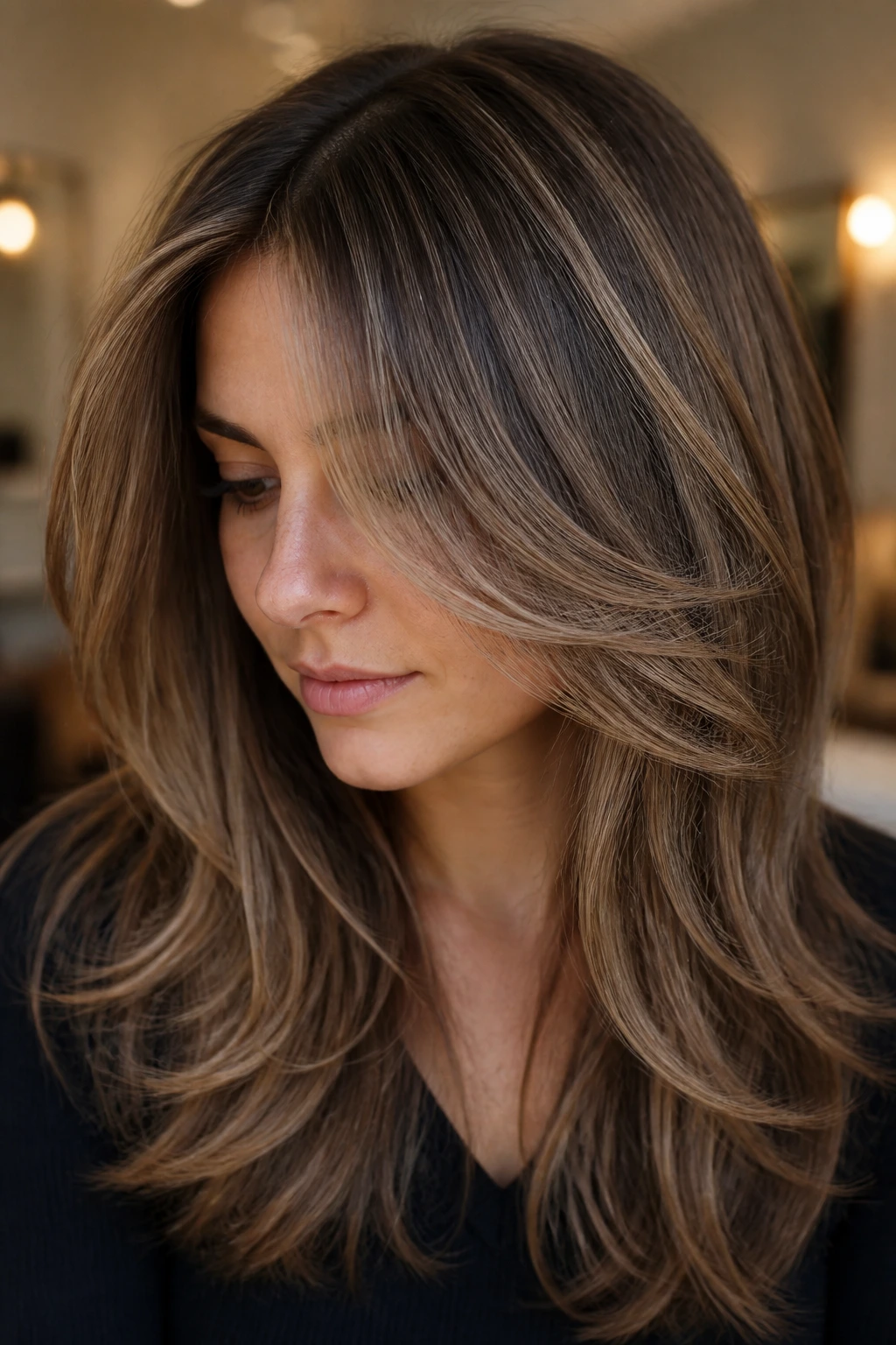Real person with mushroom brown layers and beige ribbons for a cooler look