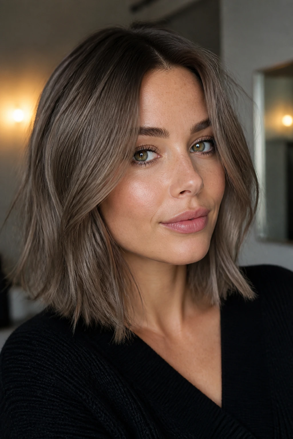 Portrait of a person with mushroom brown lob hair.