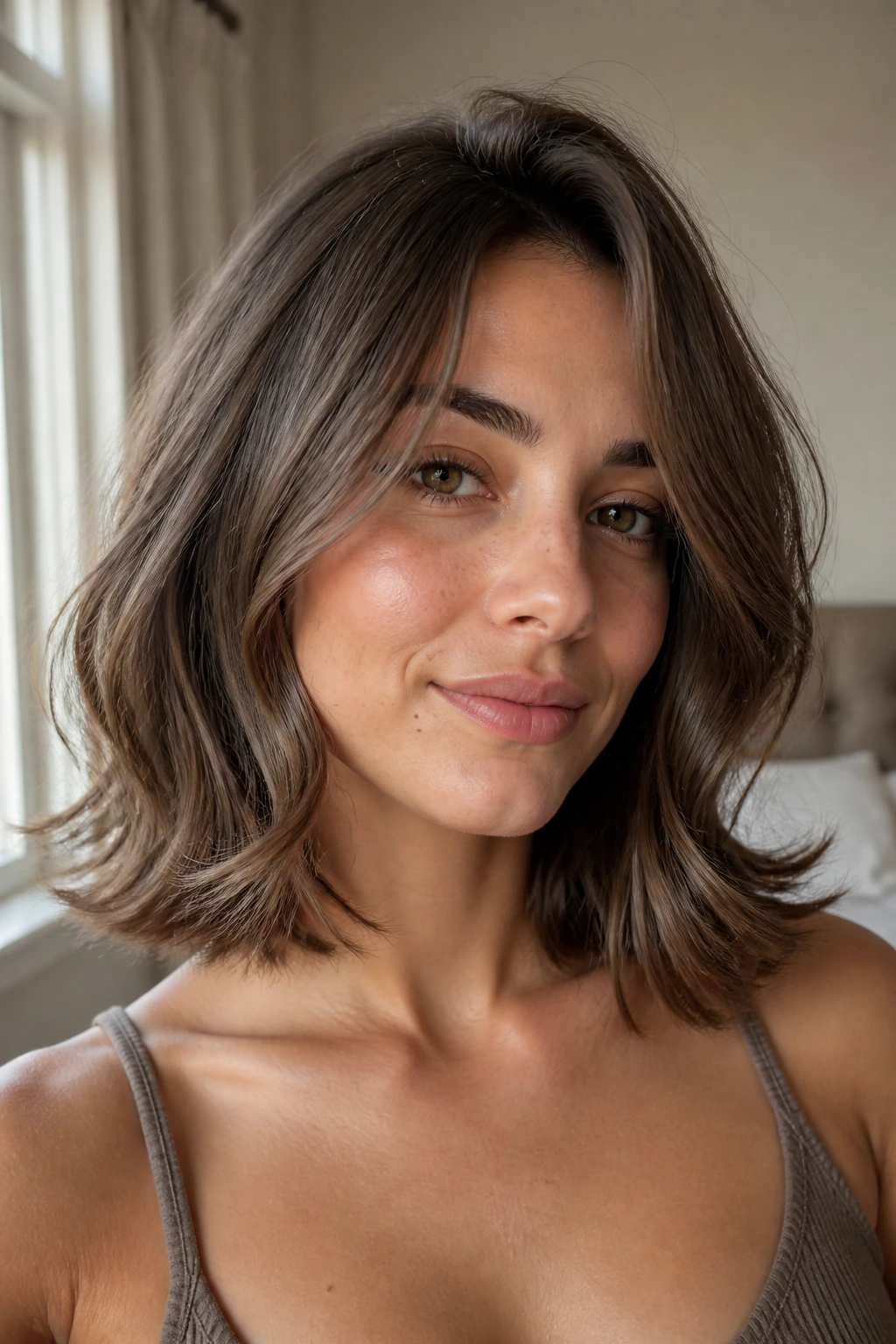 Close-up portrait of a woman with a mushroom brown lob and soft flip, waves framing an oval face.