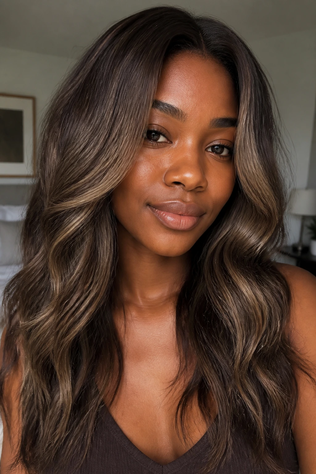Close-up portrait of mushroom brown hair with warm lowlights