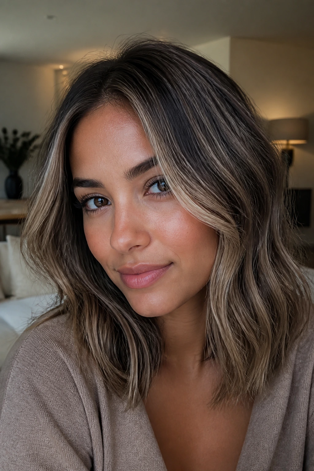 Real woman showing mushroom brown lowlights with beige ribbons