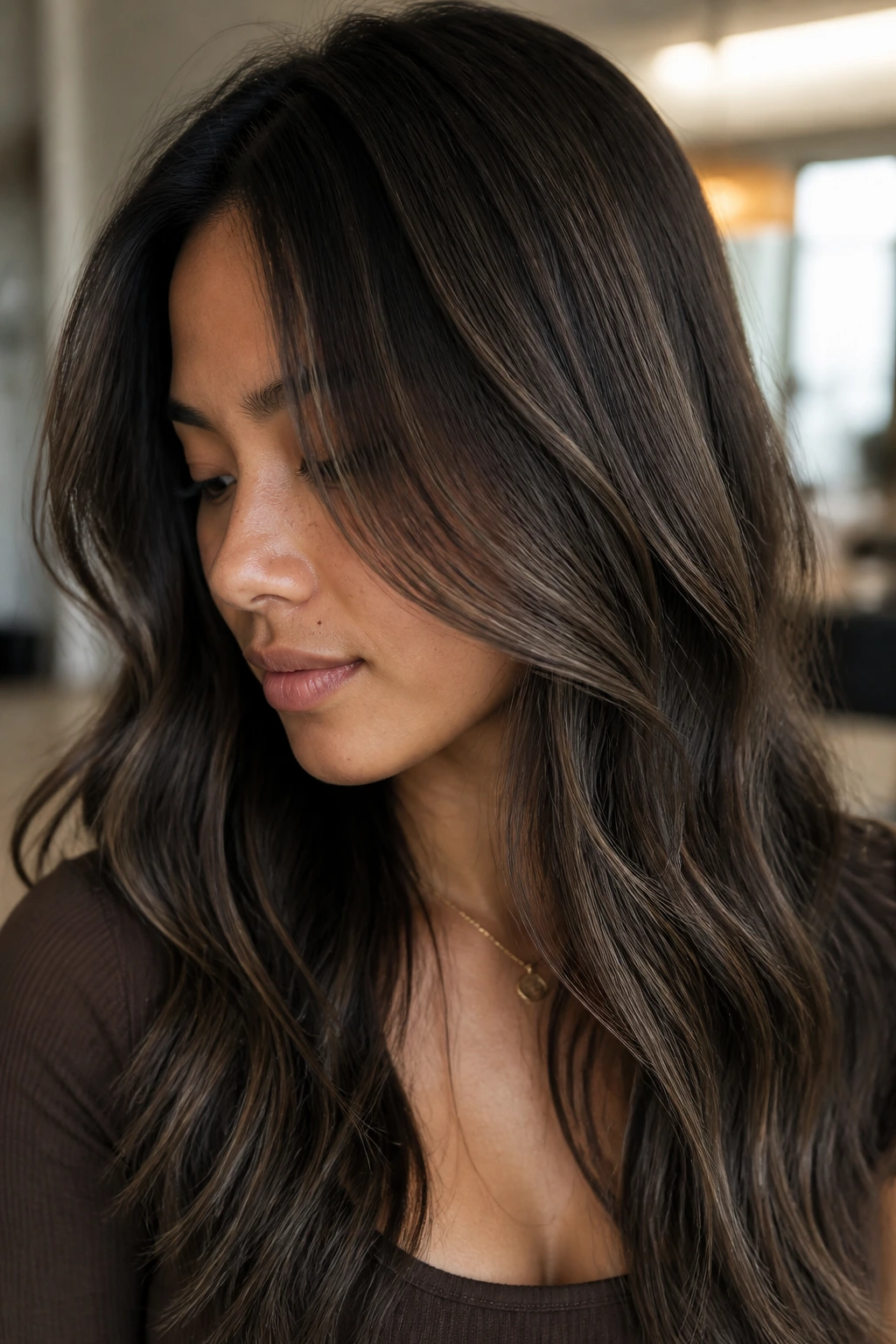 Close-up of brunette with mushroom brown lowlights along the sides
