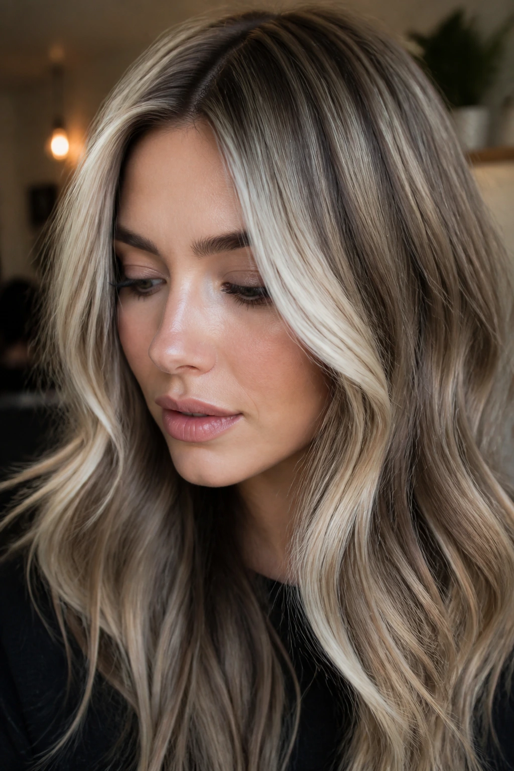 Mushroom brown lowlights with pale blonde veils close-up portrait