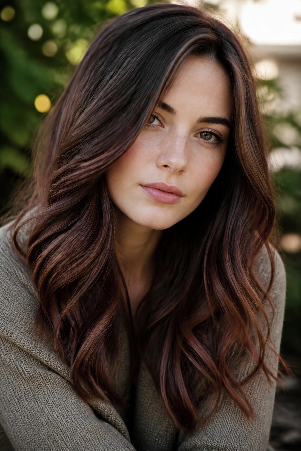 Real person with mushroom brown and mahogany blend, close-up hair portrait