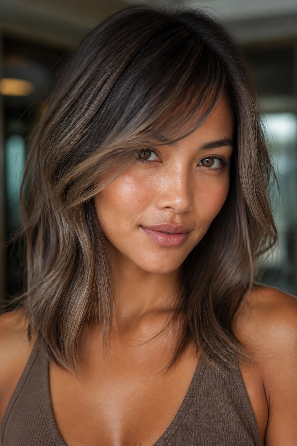 Portrait with cool mushroom brown melt and subtle lighter edges along bangs