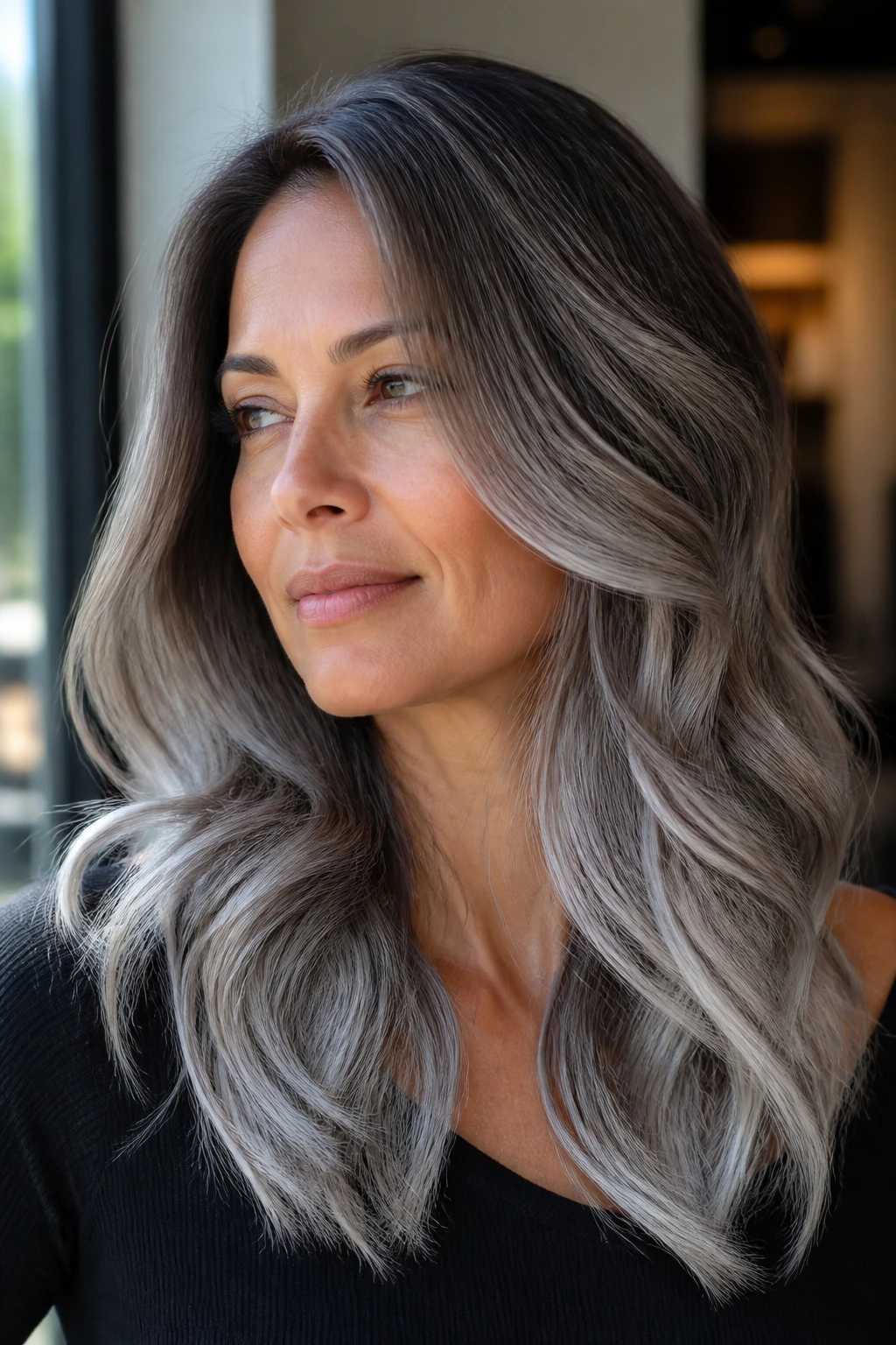 Close-up of a real woman with mushroom brown to silver end gradient on layered hair