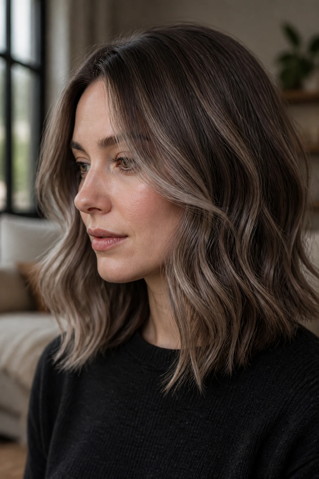 Portrait of a woman with mushroom brown melt hair in a lob with loose waves.
