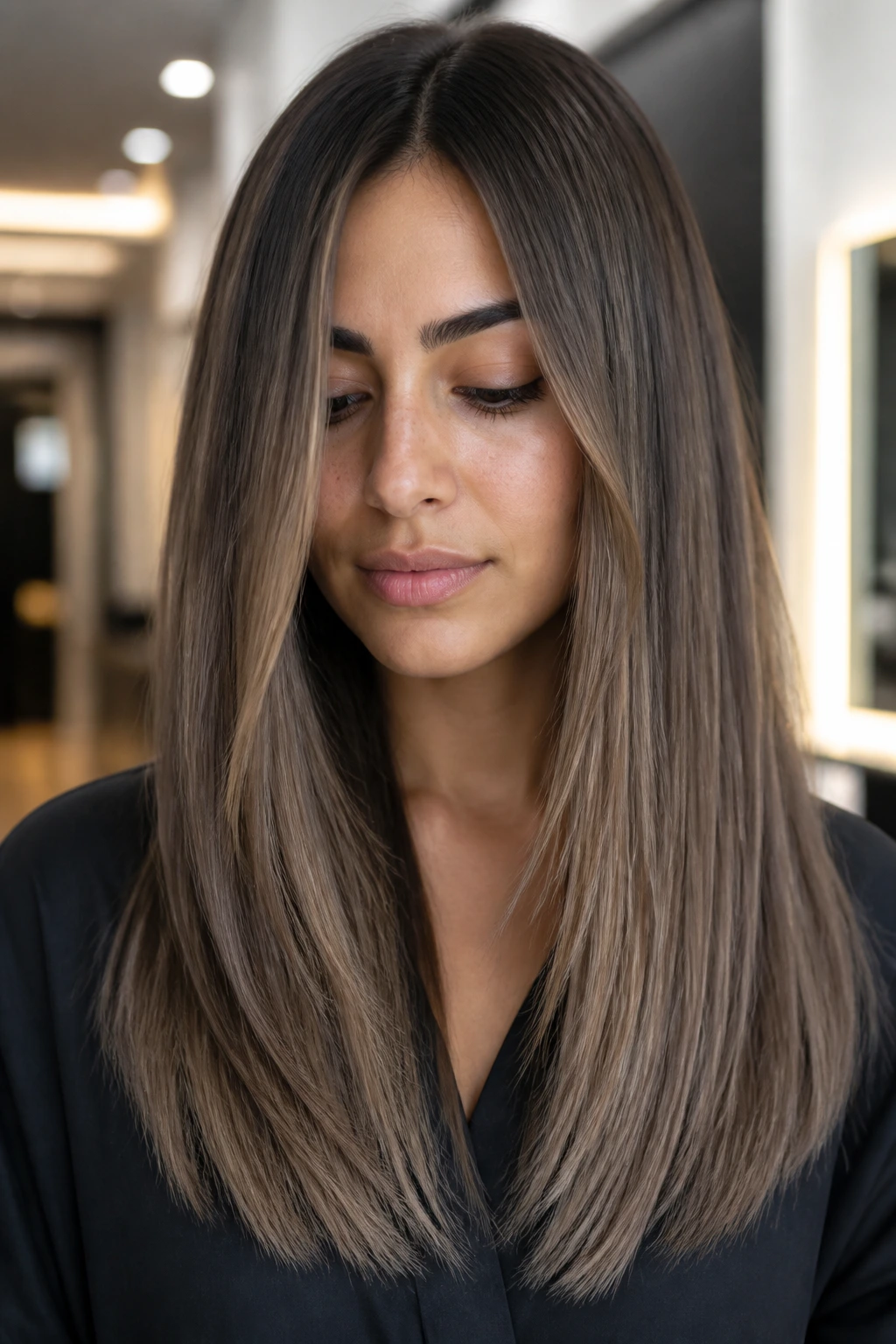 Portrait of a real person with mushroom brown melt on straight hair and olive skin