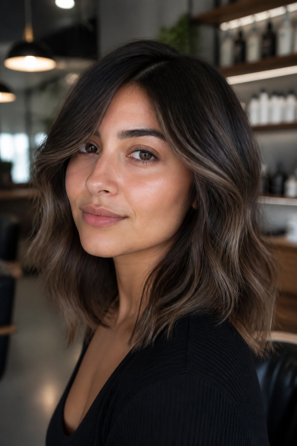 Real woman with mushroom brown balayage for olive skin tones