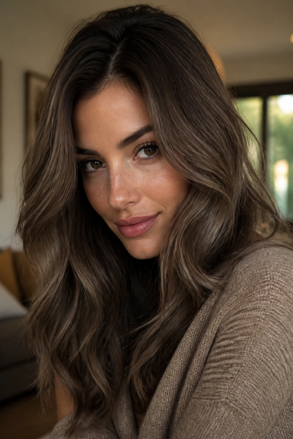 Close-up portrait of a real woman with mushroom brown hair showing smoky dimension and deeper roots