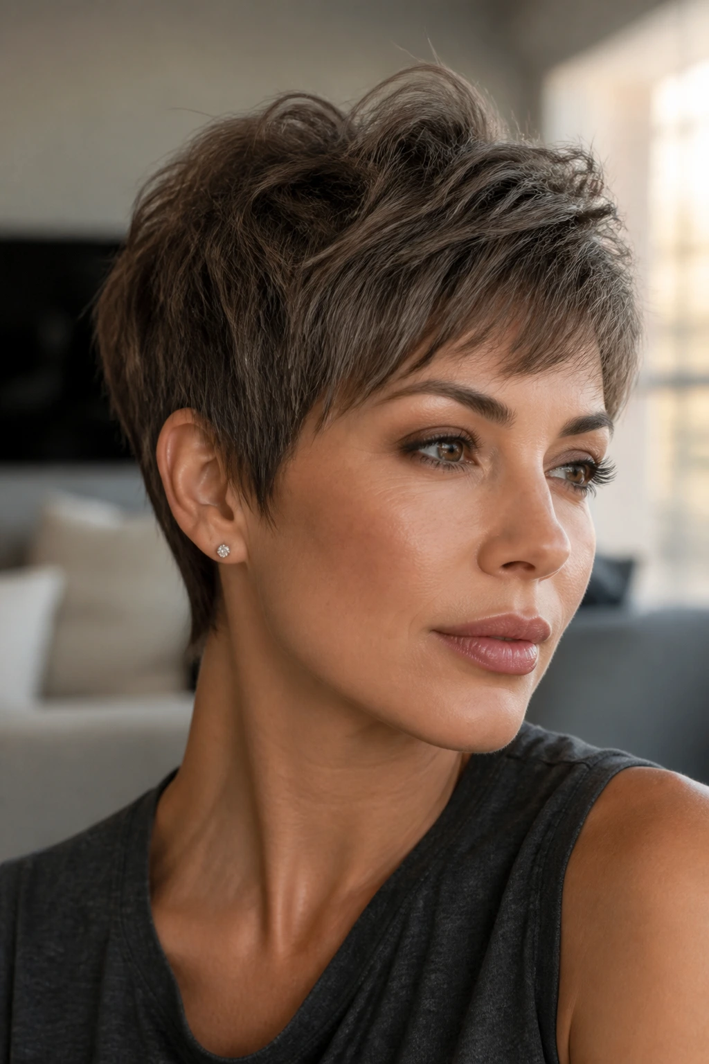 Close-up of a real woman with mushroom brown pixie haircut, tight texture and cool glaze.