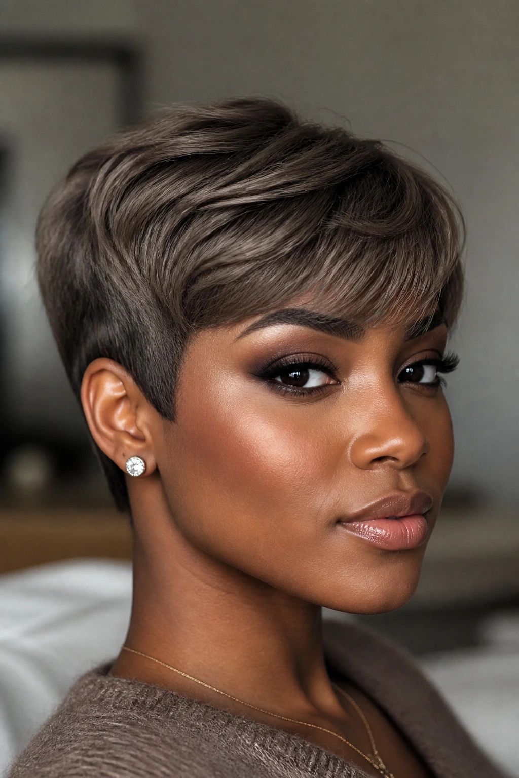 Real person with mushroom brown pixie cut in soft indoor light