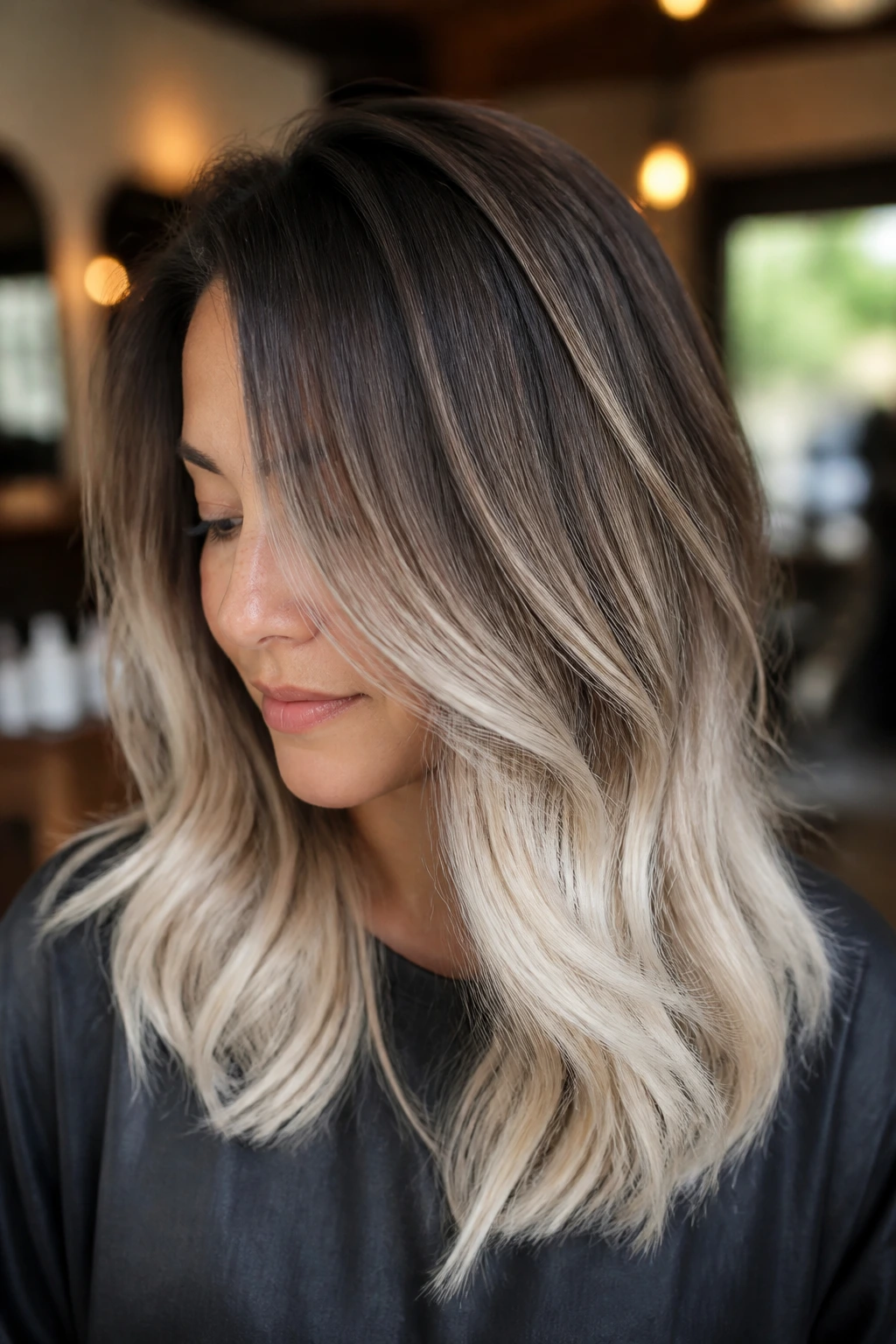 Close-up portrait of a real woman with mushroom brown to platinum melt hair gradient from roots to ends