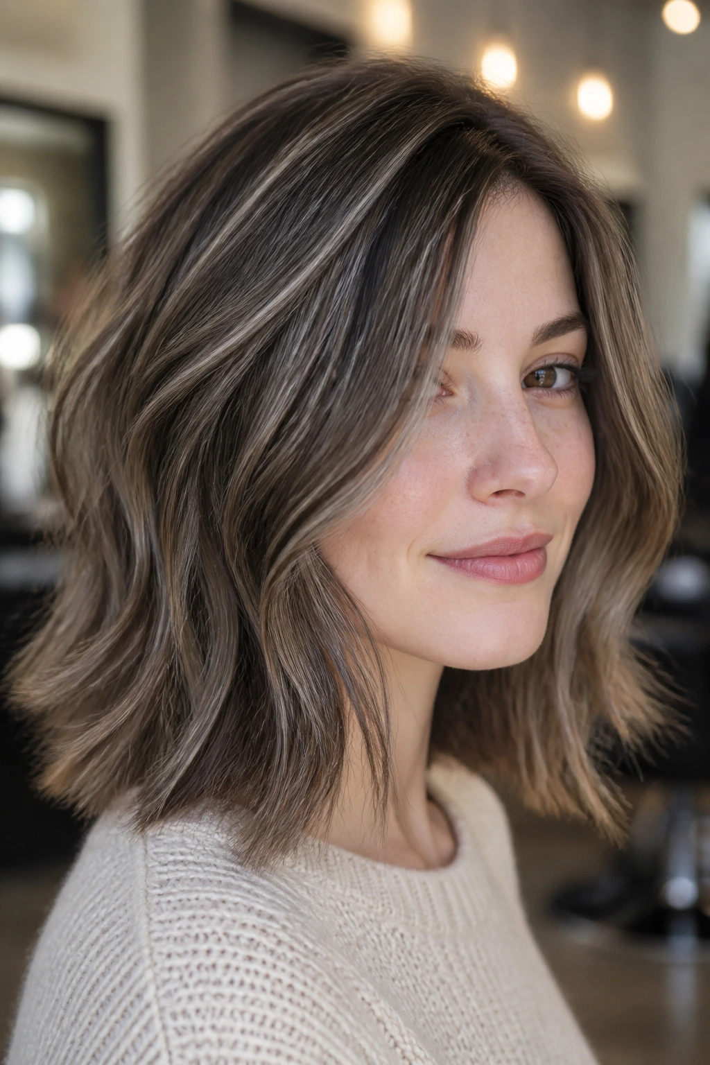 Close-up of mushroom brown ribbon lowlights on fair skin