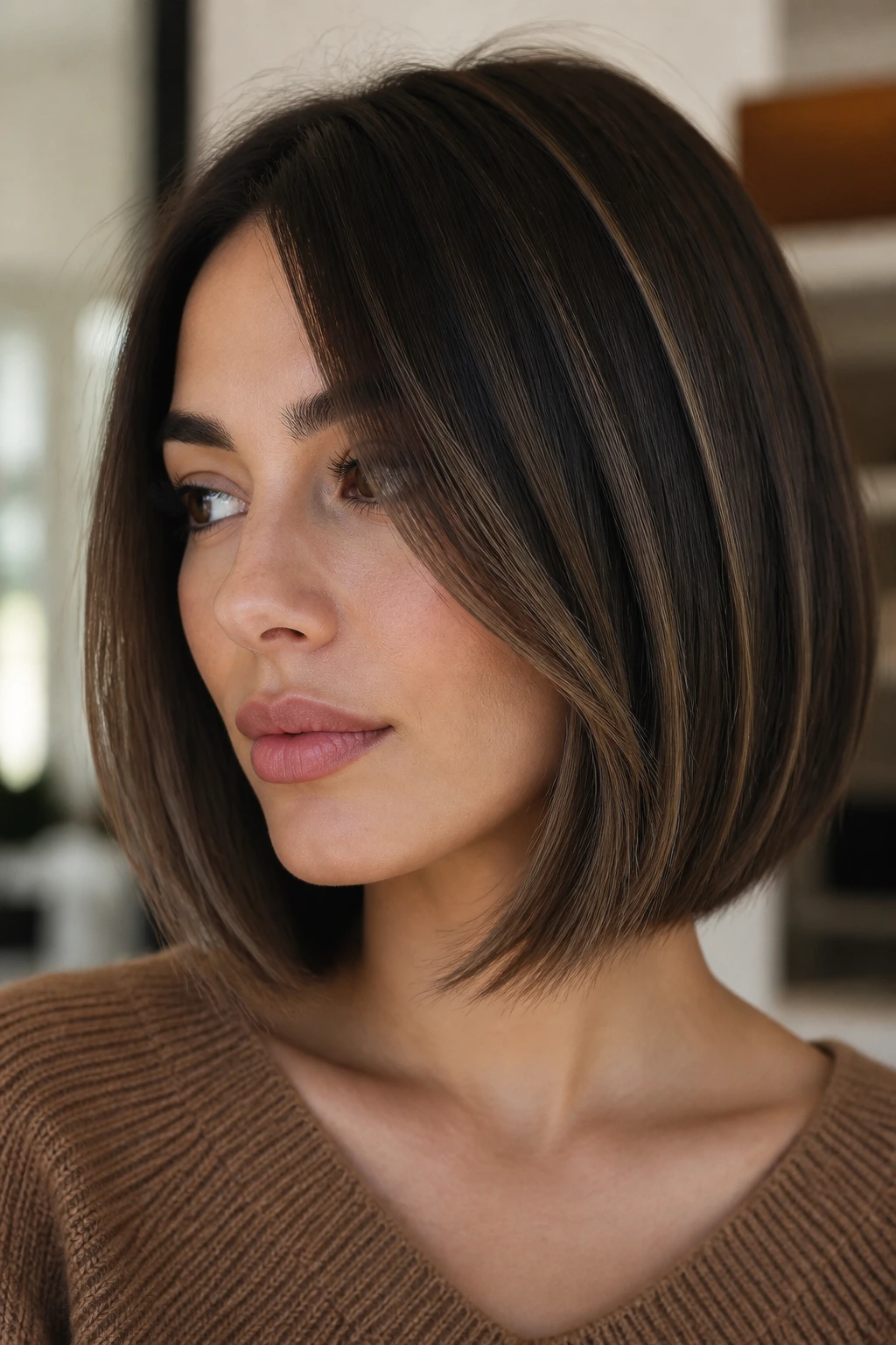Portrait of a woman with mushroom brown ribbons in a bob.