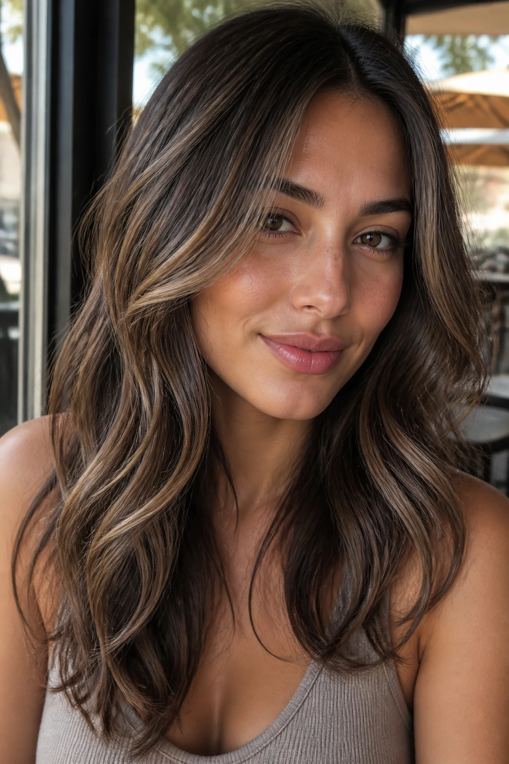 Brunette with mushroom brown ribbons in natural daylight