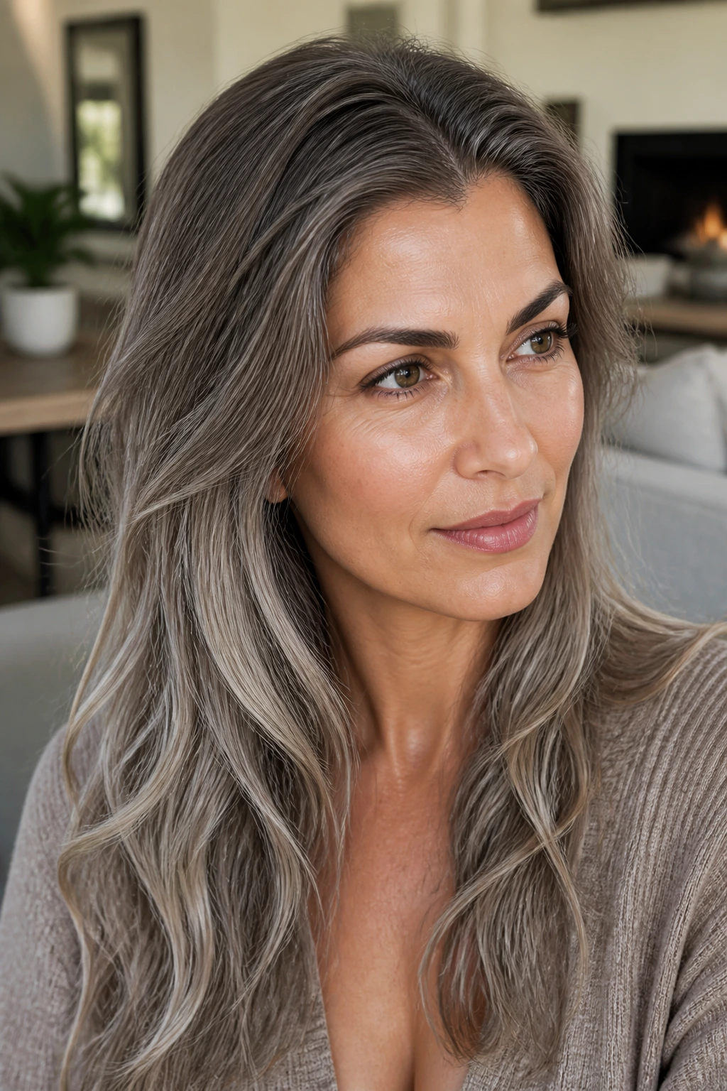 Portrait of woman with mushroom brown root melt blending into grey lengths