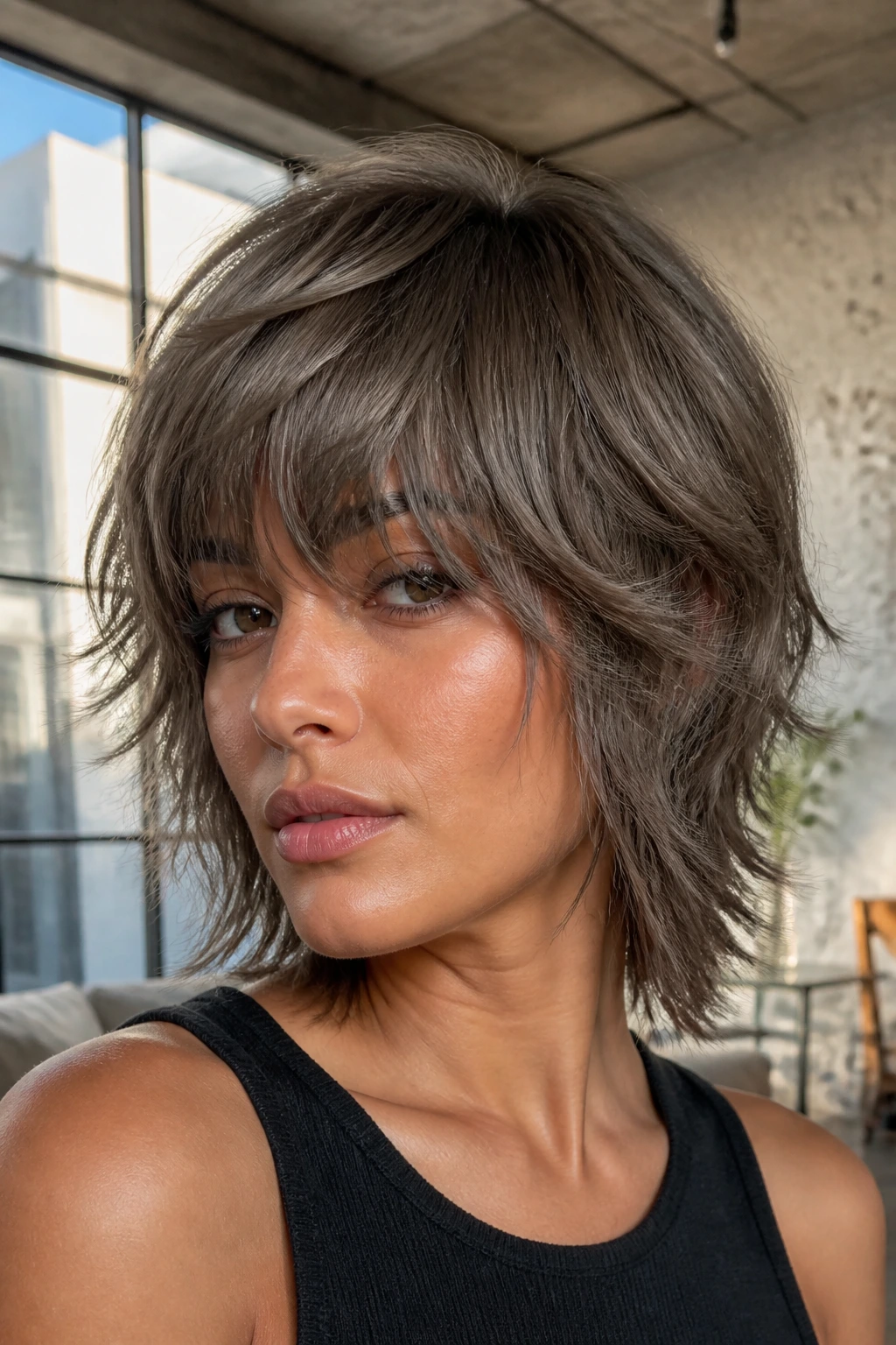 Portrait of real woman with mushroom brown shag hairstyle in cool-neutral tones