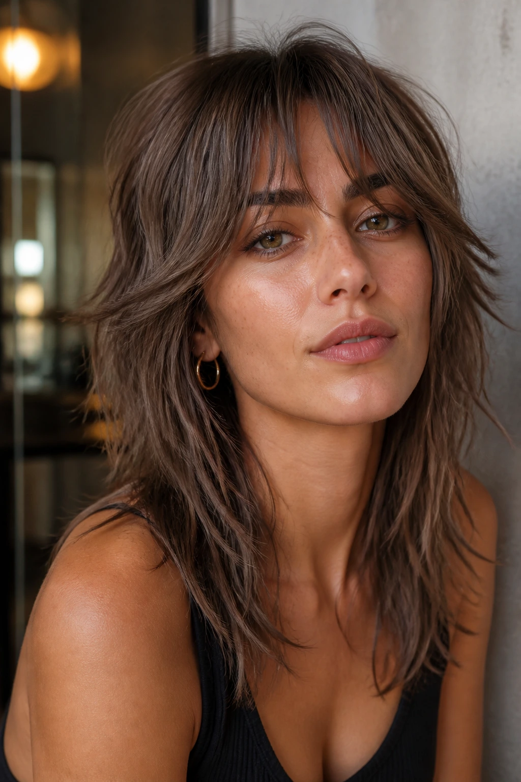 Portrait of woman with mushroom brown shag haircut