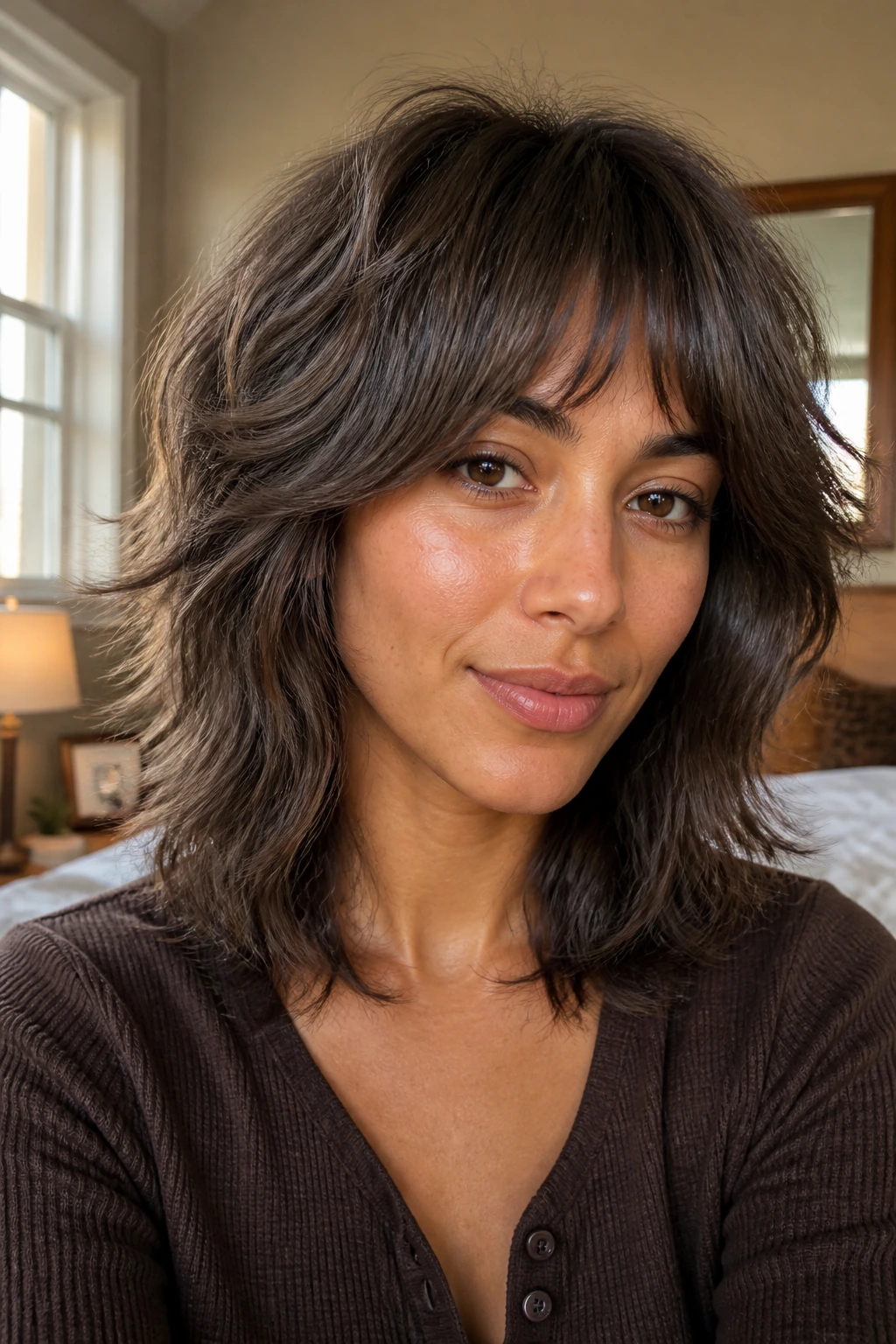 Close-up portrait of a real woman with mushroom brown shag on olive-toned skin in warm window light.