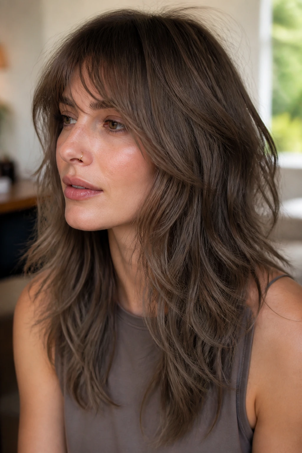 Close-up of a real woman with mushroom brown shag and air-soft ends