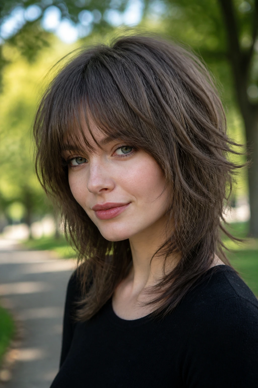 Portrait of a woman with mushroom brown shag showing texture.