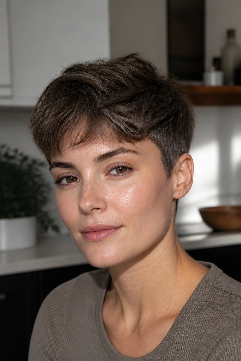 Close-up portrait of a real person with mushroom brown textured crop hairstyle