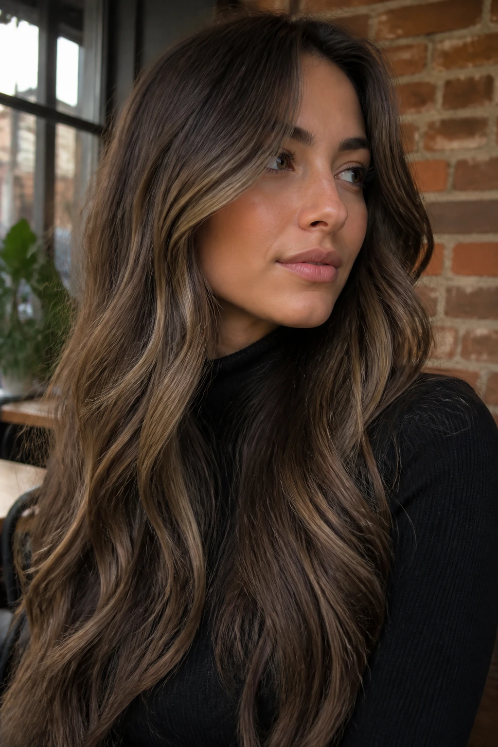 Mushroom brunette with beige caramel ribbons in long hair