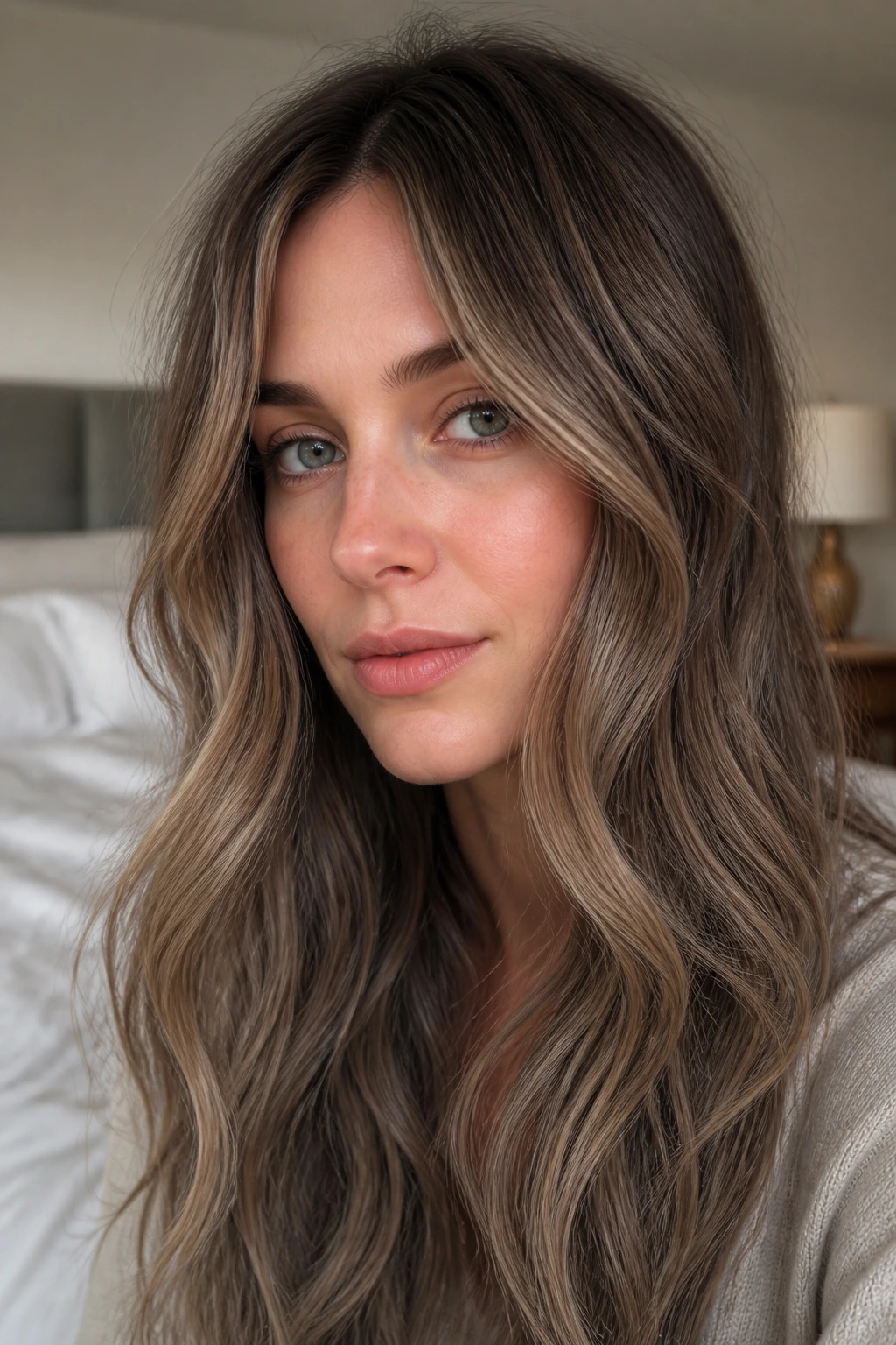 Portrait of mushroom brunette with beige caramel veil diffused through the hair