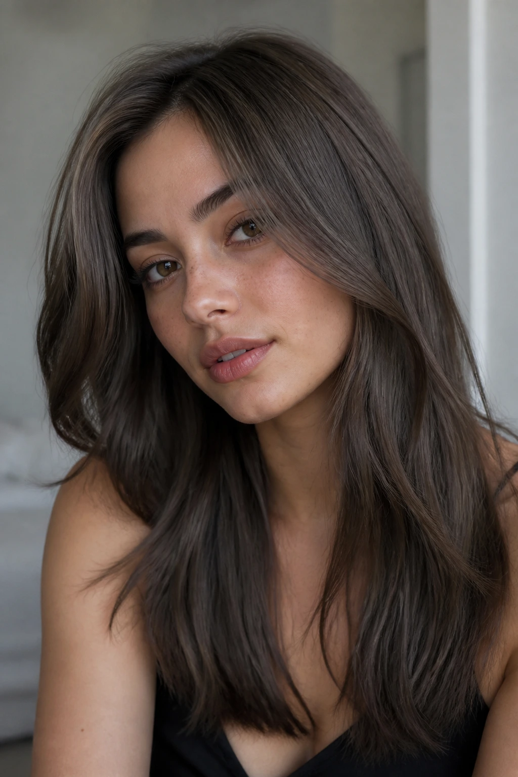 Close-up of mushroom brunette shade on real person’s hair