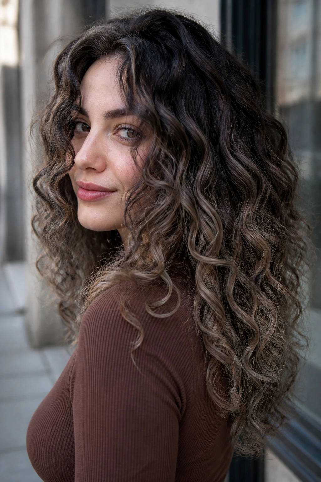 Cool-toned mushroom brunette ombre on curls photographed on a real person.