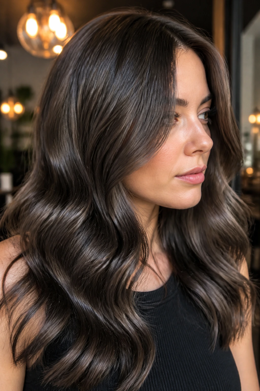 Brunette hair with mushroom tones and glossy black gloss