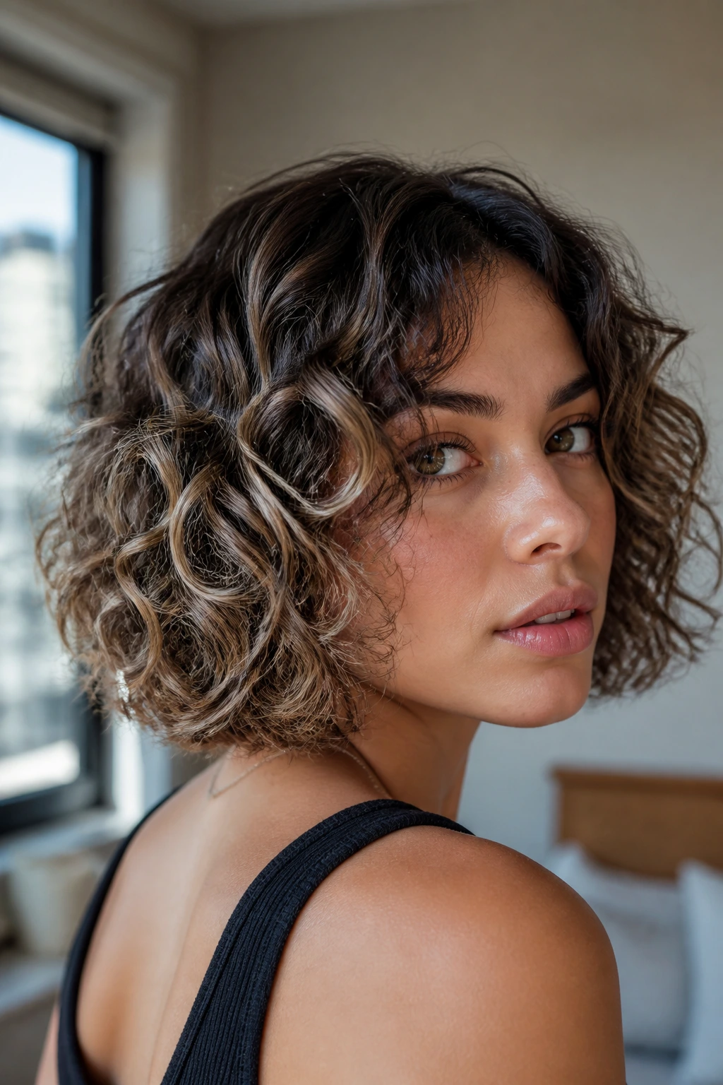 Brunette with mushroom bob and cool beige lights in curly hair.