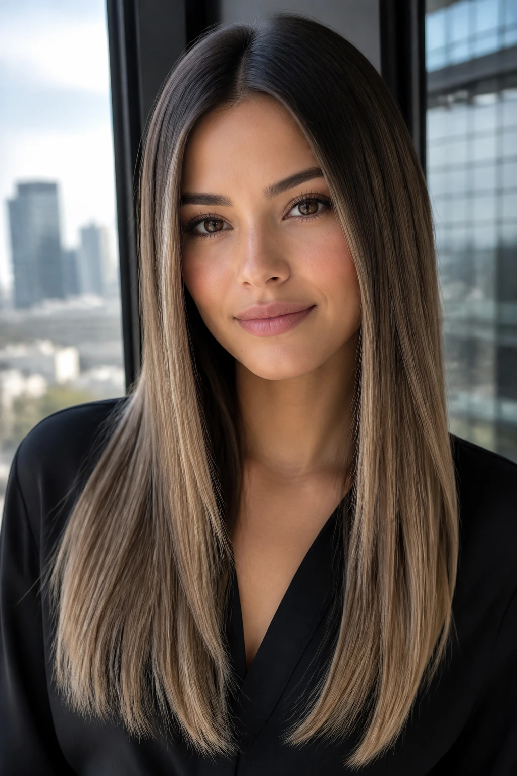 Close-up portrait of a real person with sleek straight hair and mushroom-brunette melt