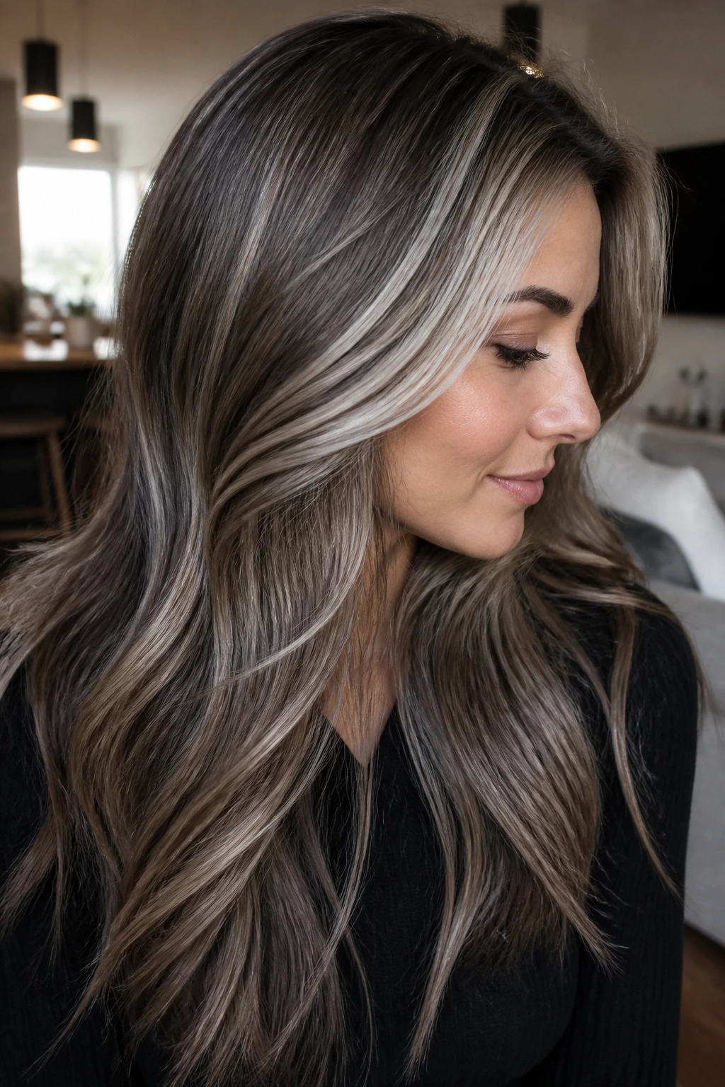 Close-up of mushroom brunette with pearl-platinum surface pieces on the crown