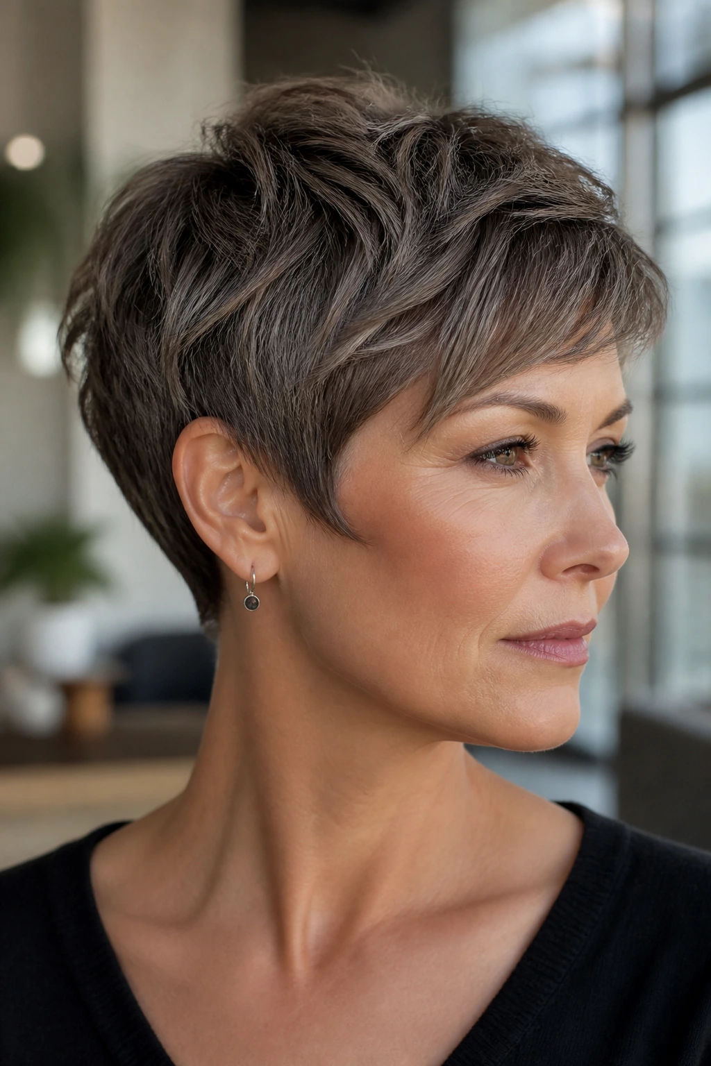 Close-up of a real woman with a mushroom brunette pixie showing cool texture.