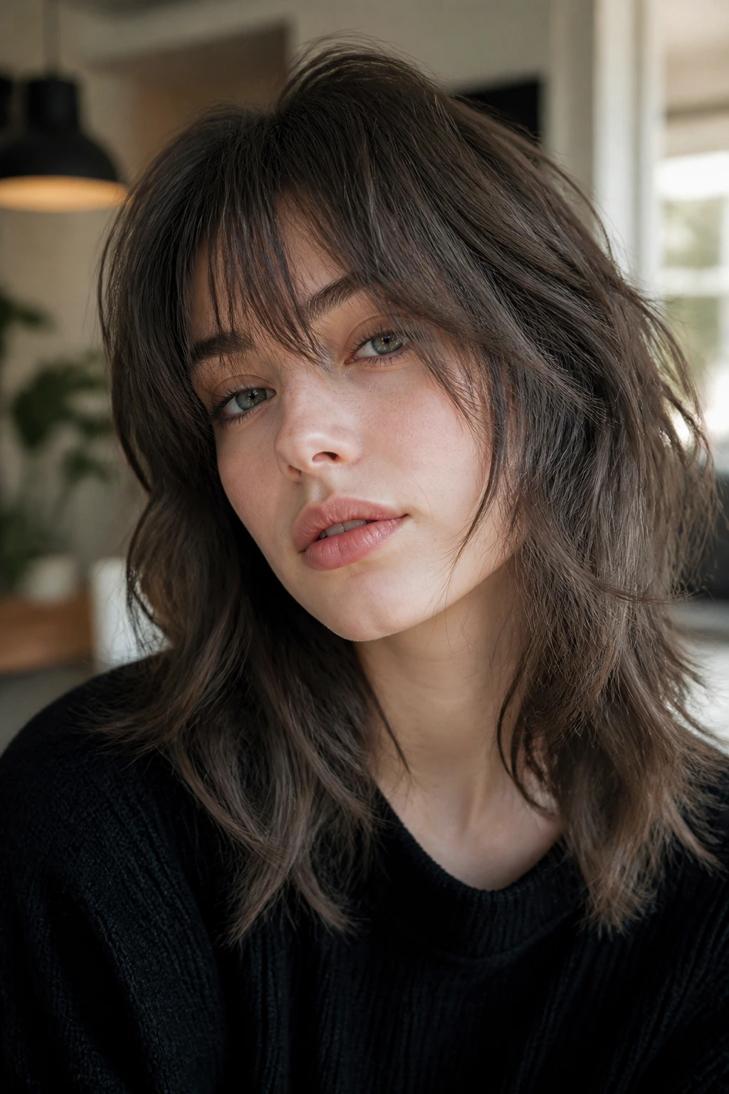 Close-up portrait of a woman with mushroom brunette shag hairstyle