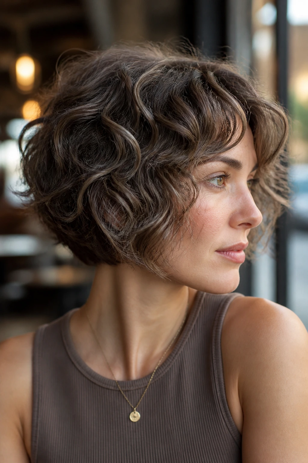 Close-up of mushroom brunette base with ash babylights in a stacked curly bob