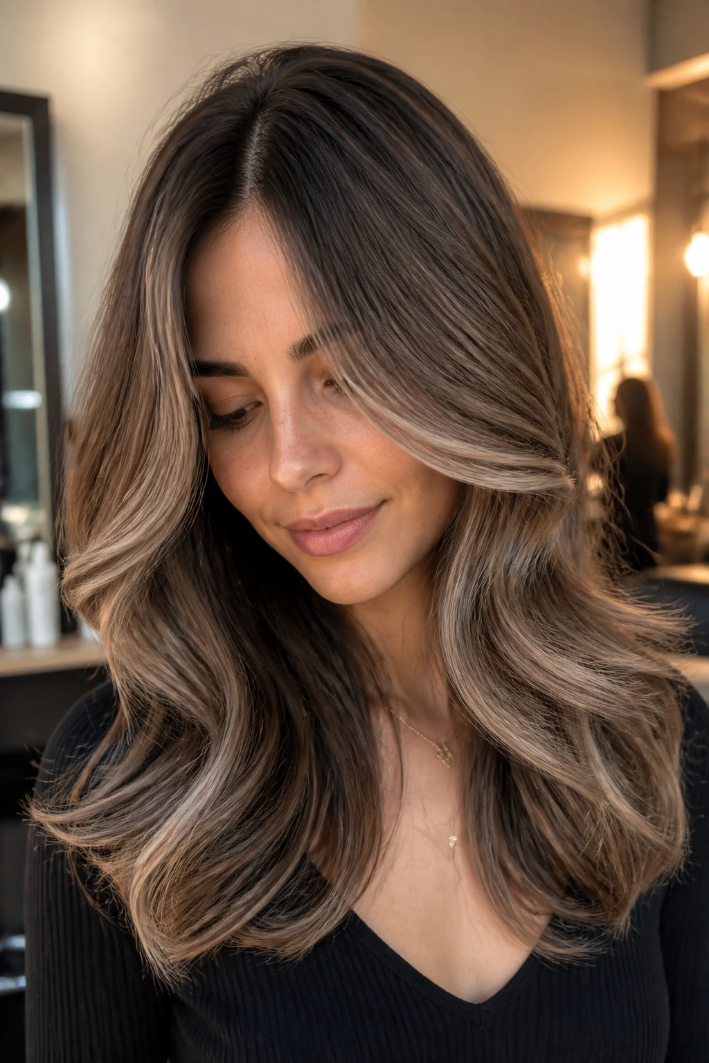Brunette with mushroom shade and taupe ribbons in soft layered waves.